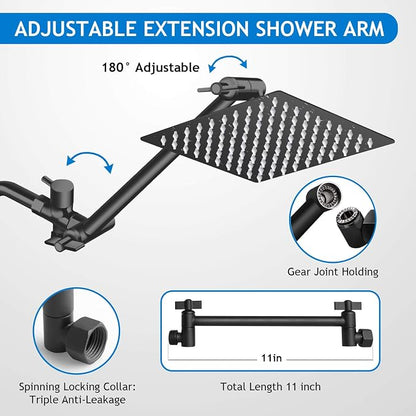 Shower Head Combo, 8 Inch High Pressure Rain with 11 Inch Adjustable Extension Arm and 5 Settings Handheld, Powerful Spray Against Low Water Pressure- Matte Black