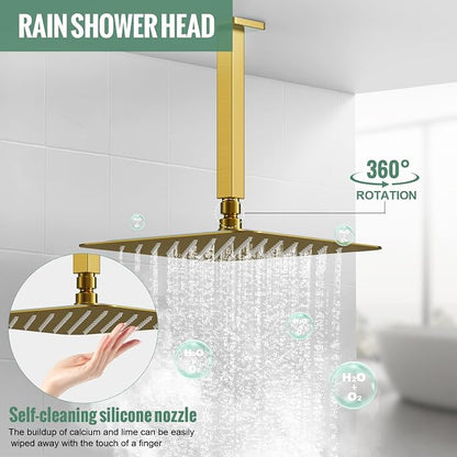 SunCleanse Rainfall Shower System with High Pressure in Brushed Gold | Ceiling mounted shower combo set featuring a 12" square rain head, handheld spray, and rough-in mixer valve with trim.