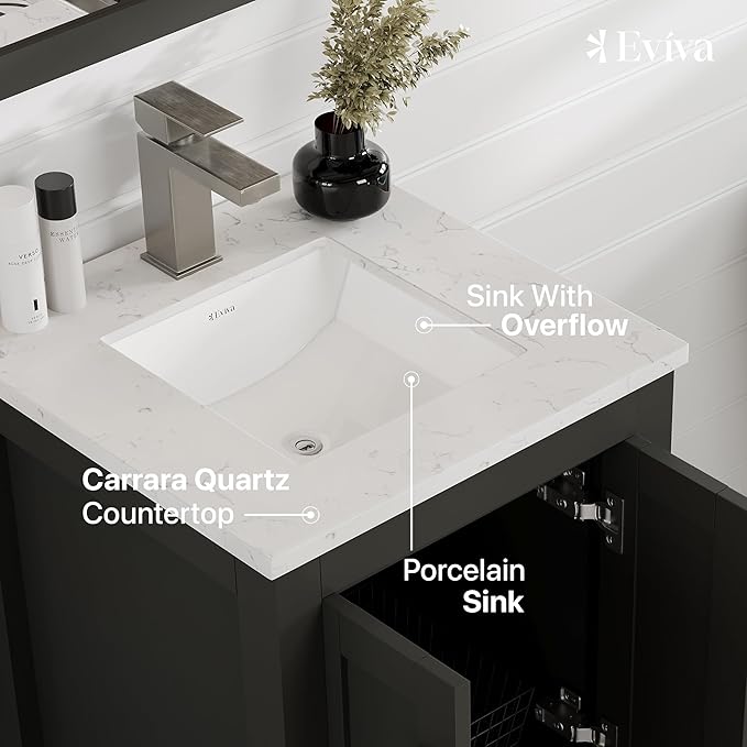Eviva London 20 Inch Bathroom Vanity with Sink - Freestanding 20 Vanity with Sink Combo - Espresso Bathroom Vanities W/Porcelain Sink and Quartz Countertop for Modern Vanity Bathroom