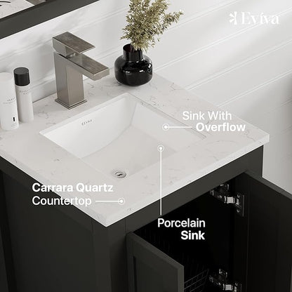 Eviva London 20 Inch Bathroom Vanity with Sink - Freestanding 20 Vanity with Sink Combo - Espresso Bathroom Vanities W/Porcelain Sink and Quartz Countertop for Modern Vanity Bathroom