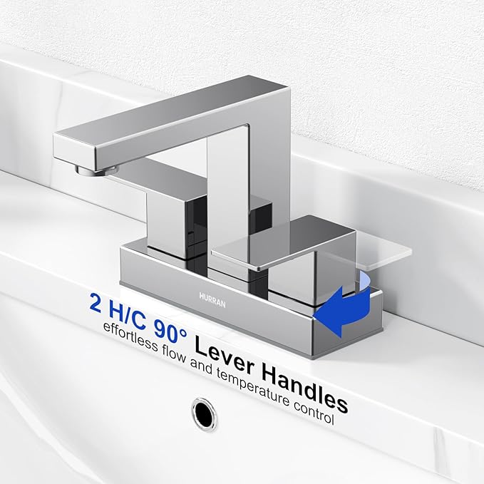 Bathroom Sink Faucet, Hurran 4 inch Chrome Bathroom Faucets for Sink 3 Hole with Pop-up Drain and Supply Lines, Stainless Steel 2-Handle Faucet for Vanity RV Restroom, 2 Pack