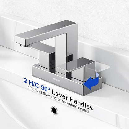 Bathroom Sink Faucet, Hurran 4 inch Chrome Bathroom Faucets for Sink 3 Hole with Pop-up Drain and Supply Lines, Stainless Steel 2-Handle Faucet for Vanity RV Restroom