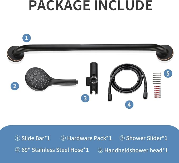 BRIGHT SHOWERS Slide Bar Shower Set with Handheld Shower Head, ADA-Compliant Stainless Steel Grab Bar, Adjustable Height and 69-Inch Hose, Oil Rubbed Bronze