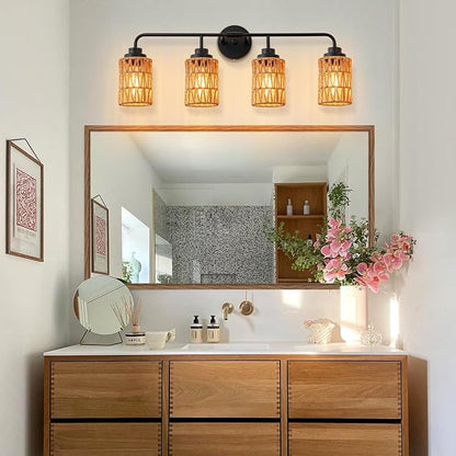 Bathroom Vanity Light, 4-Lights Boho Bathroom Light Fixtures Over Mirror with Rustic Handwoven Shades 30 inch Farmhouse Wall Sconce Lighting