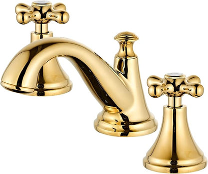 Vintage Widespread Bathroom Faucet, Gold 3-Hole Sink Faucet with Drain Assembly, Solid Brass, Drip-Free Ceramic Cartridge, Adjustable 8-16 Inch Installation