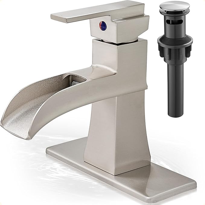 Waterfall Bathroom Sink Faucet, Brass Brushed Nickel Bathroom Faucet One Handle, 4 Inch Single Hole or 3 Holes with Pop-Up Drain, Supply Hoses & Deck Plate for Vanity Lavatory RV, 5 Mins Install