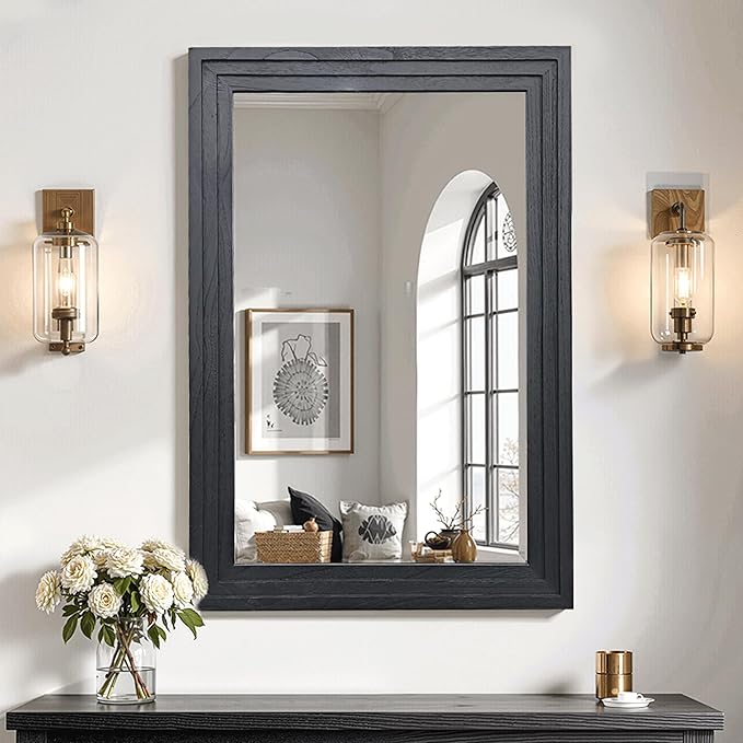Farmhouse Rustic Wood Framed Bathroom Vanity Mirror for Wall, 24x36, Black | Recessed Stepped Solid Wood Frame, HD Shatterproof Glass, Vertical/Horizontal Mount, for Bathroom Sink, Living Room, Entryway