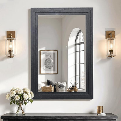 Farmhouse Rustic Wood Framed Bathroom Vanity Mirror for Wall, 24x36, Black | Recessed Stepped Solid Wood Frame, HD Shatterproof Glass, Vertical/Horizontal Mount, for Bathroom Sink, Living Room, Entryway