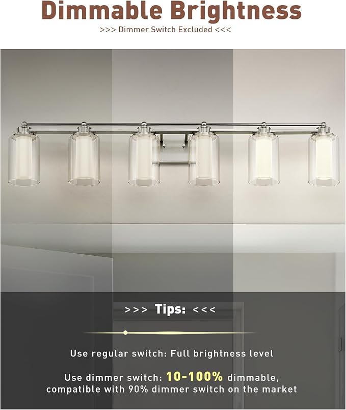 HWH 6-Light Bathroom Vanity Light, Clear Glass Shade, 5HLT63B-6W-LED BN | Dimmable, 5CCT, Brushed Nickel, 36W, Modern, Vanity Lights for Bathroom, Vanity Lights Over Mirror, Wall Lights, ETL Listed