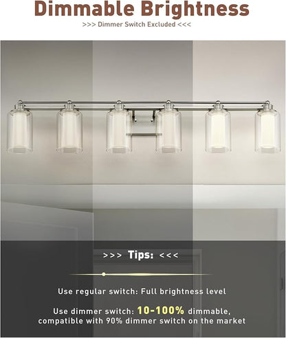 HWH 6-Light Bathroom Vanity Light, Clear Glass Shade, 5HLT63B-6W-LED BN | Dimmable, 5CCT, Brushed Nickel, 36W, Modern, Vanity Lights for Bathroom, Vanity Lights Over Mirror, Wall Lights, ETL Listed