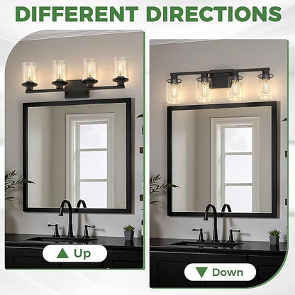 DORESshop Bathroom Light Fixtures, 4-Light Black Bathroom Lighting Fixtures Over Mirror with Glass Shade, Modern Vanity Lights for Hallway Bedroom, Includes Bulbs
