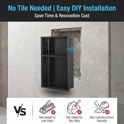 304 Stainless Steel Shower Niche 12” x 18” for Bathroom Storage | Matte Black Recessed Shower Niche No Tile Needed with 2-Tier Shelves for Bathroom Space Saving