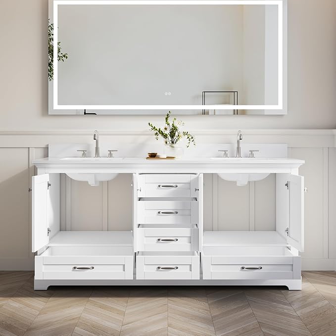 WELLFOR 72 Inch Bathroom Vanity with Double Sinks, Solid Wood Bathroom Vanity W/4 Soft-Close Doors and 6 Drawers, Cultured Marble Countertop Bathroom Vanities W/Two Sinks (White)