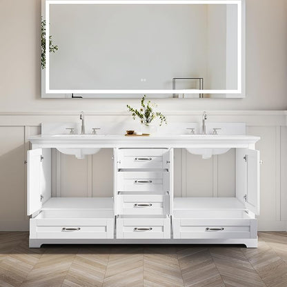 WELLFOR 72 Inch Bathroom Vanity with Double Sinks, Solid Wood Bathroom Vanity W/4 Soft-Close Doors and 6 Drawers, Cultured Marble Countertop Bathroom Vanities W/Two Sinks (White)