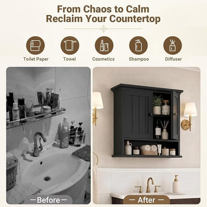 Besiost Farmhouse Bathroom Wall Medicine Cabinet with Removable Towel Bar | Over Toilet Storage Organizer, 7.9" Slim Profile, 100 Lbs Capacity, Adjustable Shelf, Soft Close Hinges Door, Black