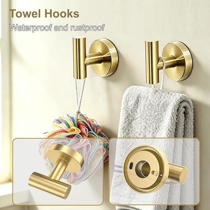 5 Pieces Brushed Gold Bathroom Accessories Set Bath Towel Bar Set | 24 Inch Towel Racks, 304 Stainless Steel, Modern Design, Sturdy and Rustproof, Easy to Install, Save Space, No Sharp Edges