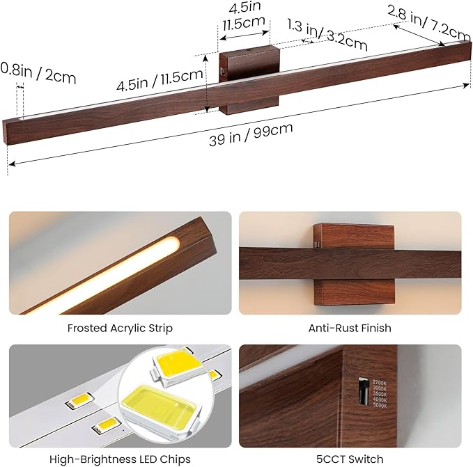 Modern Bathroom Light Fixtures Over Mirror, 39 Inch Brown Wood Finish Vanity Light Bar 30W Dimmable 5CCT LED Vanity Lights for Bathroom Wall Lighting Fixtures Over Mirror