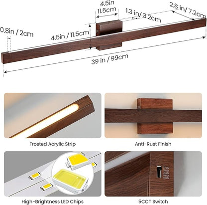 Modern Bathroom Light Fixtures Over Mirror, 39 Inch Brown Wood Finish Vanity Light Bar 30W Dimmable 5CCT LED Vanity Lights for Bathroom Wall Lighting Fixtures Over Mirror