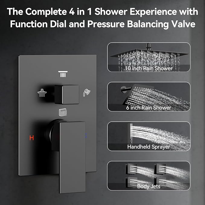 Shower System with Body Jets, Bostingner Four Modes Shower Faucet Sets with Handheld Spray 2 Ways, 4Pcs Shower Body Jets in Wall,10"+6" Rain Shower Head, Matte Black Shower Sets Complete