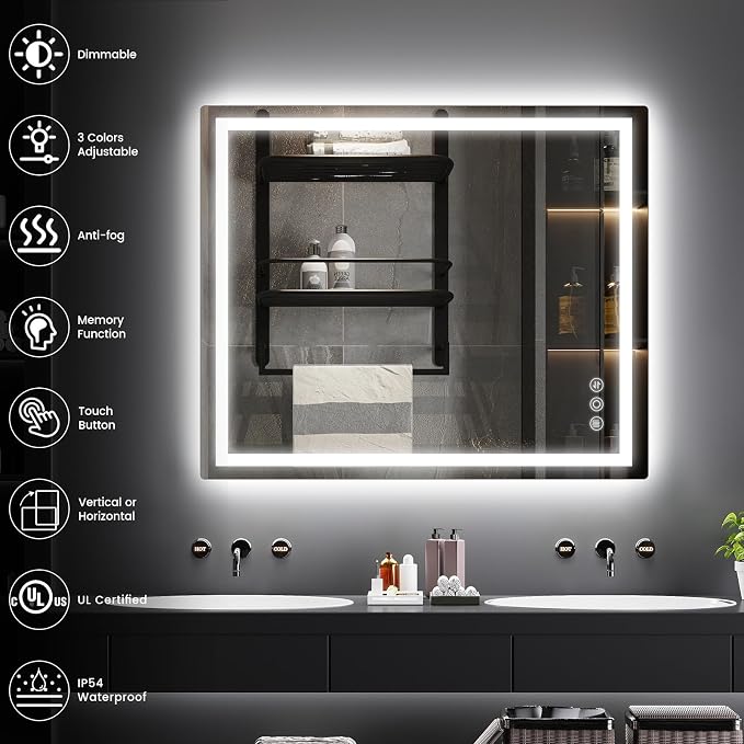 30" x 36" LED Bathroom Mirror with Lights, Memory Vanity Mirror | Anti-Fog, 3 Color Modes, Dimmable, Front Lit, Memory Function, Tempered Glass, Lighted Bathroom Mirror for Wall