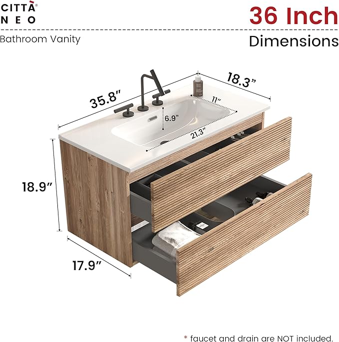 36" Floating Bathroom Vanity with Sink, Modern Wall Mounted Floating Vanity with Ceramic Sink, Double Soft-Close Drawers for Apartment, Hotel, Rough Oak