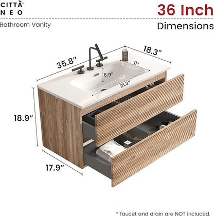 36" Floating Bathroom Vanity with Sink, Modern Wall Mounted Floating Vanity with Ceramic Sink, Double Soft-Close Drawers for Apartment, Hotel, Rough Oak