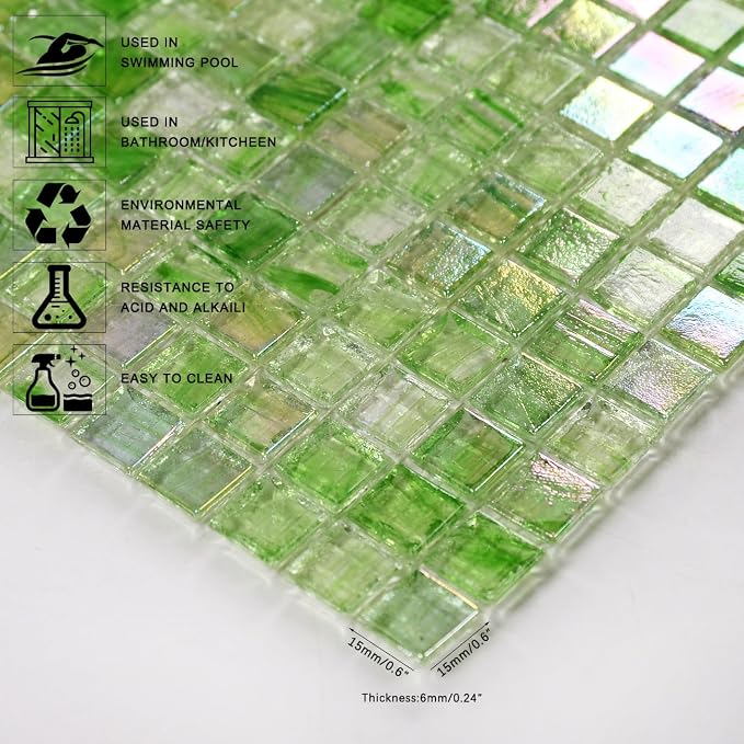 5.75 Sq.Ft Iridescent Green Glass Mosaic Tile for Bathroom, Backsplash | Waterproof Wall & Floor Tile. Heat & frost resistant outdoors, Swimming Pool, Fireplace, Restaurants, Hotels, Laundry, 10pcs.
