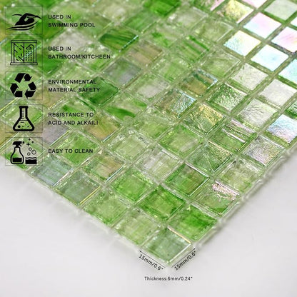 5.75 Sq.Ft Iridescent Green Glass Mosaic Tile for Bathroom, Backsplash | Waterproof Wall & Floor Tile. Heat & frost resistant outdoors, Swimming Pool, Fireplace, Restaurants, Hotels, Laundry, 10pcs.