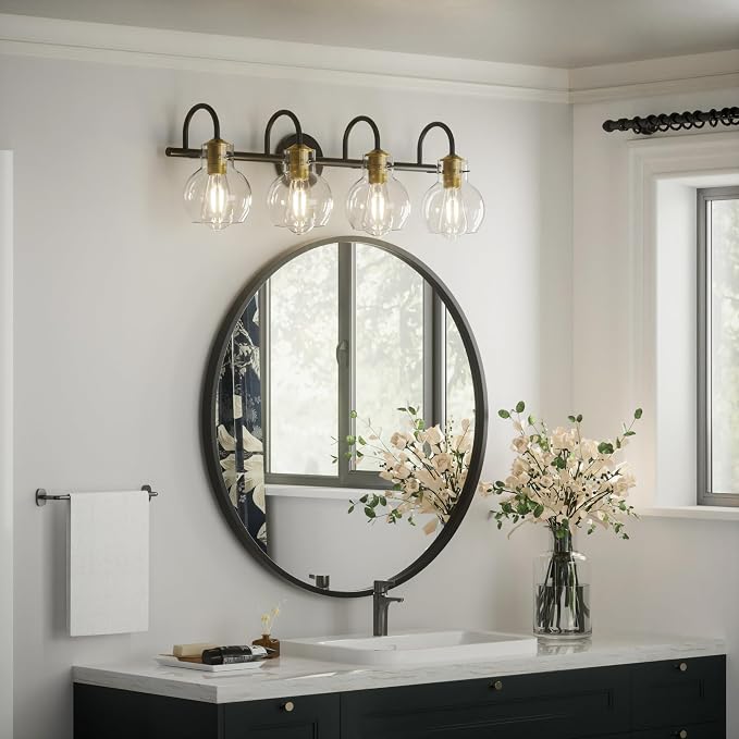 4 Light Bathroom Light, Brushed Gold and Black Vanity Lighting Fixtures, Bathroom Wall Mounted Sconces Vanity Lights Over Mirror with Globel Glass Shade, E26 Base
