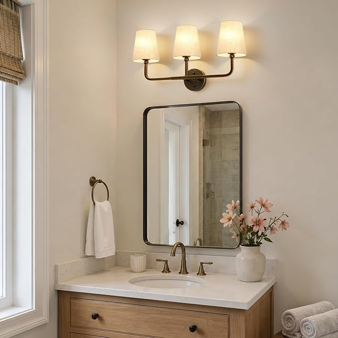 MOKATNG Bathroom Light Fixtures, 3-Light Oil-Rubbed Bronze Vanity Lights, Bathroom Lighting Fixtures Over Mirror with Flared Linen Shade, Modern Wall Sconces for Living Room Hallway