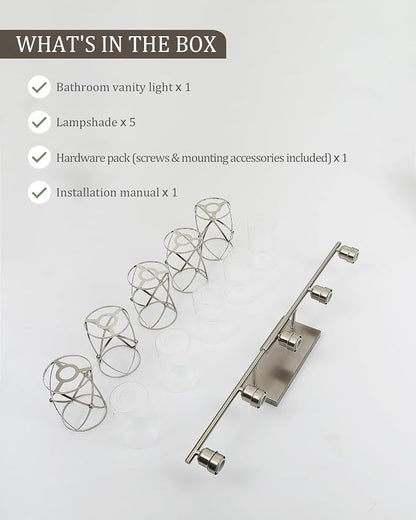 5-Light Brushed Nickel Bathroom Light Fixtures Over Mirror, 38" UL-Listed Modern Wall Sconce Lights with Clear Glass and Metal Cage for Bath, Hardwire E26, CH9176BN-5W