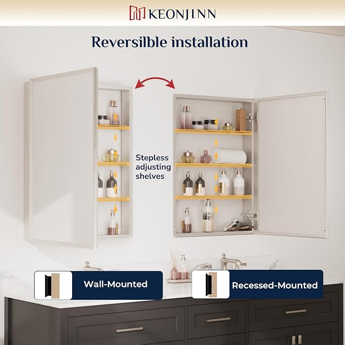 Keonjinn Brushed Nickel Large Medicine Cabinet with Mirror 36"x24", 2 Door | Assembly Needed, Stepless Adjustable Shelves, Aluminum Rust-Resistant, Surface Mount or Recessed Bathroom Mirror with Storage