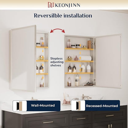 Keonjinn Brushed Nickel Large Medicine Cabinet with Mirror 36"x24", 2 Door | Assembly Needed, Stepless Adjustable Shelves, Aluminum Rust-Resistant, Surface Mount or Recessed Bathroom Mirror with Storage