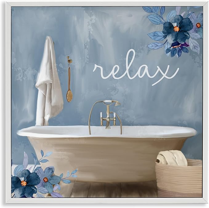 Blue Floral Bathroom Relax Scene, 12 x 12 Inch Framed Giclée Print | Stupell Industries · By Kim Allen · Ready to hang · Perfect for bath or laundry decor · Made in USA