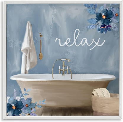 Blue Floral Bathroom Relax Scene, 24 x 24 Inch Framed Giclée Print | Stupell Industries · By Kim Allen · Ready to hang · Perfect for bath or laundry decor · Made in USA