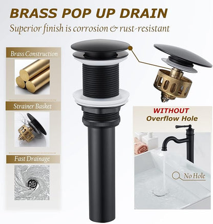 Vessel Sink Faucet Matte Black Bathroom Tall Faucet Single Hole Deck-Mount Pop up Drain Assembly Without Overflow Water Supply Lines Included