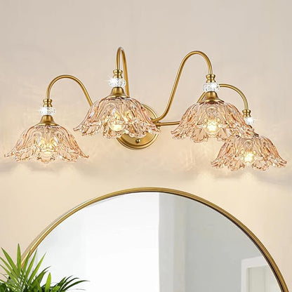 Vintage Bathroom Vanity Light, 4-Light Matte Brass Finish Vanity Light with Floral Amber Glass Shades, Retro Wall Mount Lighting for Bathroom, Dressing Table