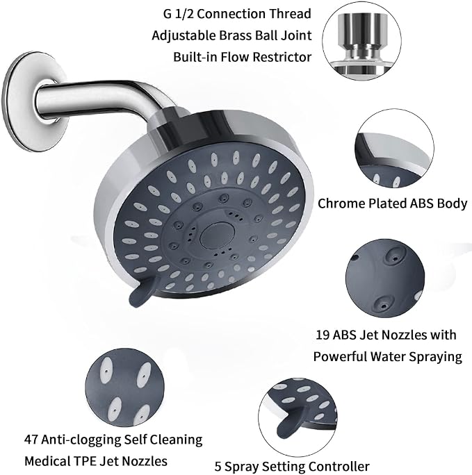 Aisoso Shower Head High Pressure Rain Fixed Showerhead 5-Setting with Adjustable Metal Swivel Ball Joint - Relaxed Shower Experience Even at Low Water Flow & Pressure