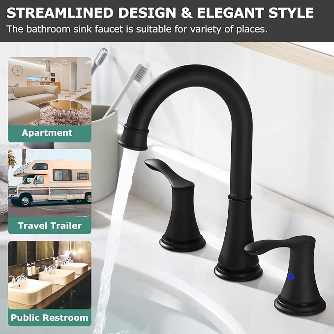 Matte Black Widespread Bathroom Sink Faucet 8 Inch for Vanity | with All Metal Pop Up Drain, High Arc 2 Handle Lead-Free Deck Mount Bathroom Faucet for 3 Hole Lavatory Utility Sink