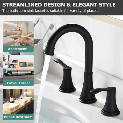 Matte Black Widespread Bathroom Sink Faucet 8 Inch for Vanity | with All Metal Pop Up Drain, High Arc 2 Handle Lead-Free Deck Mount Bathroom Faucet for 3 Hole Lavatory Utility Sink