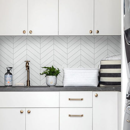 STICKGOO Herringbone Peel and Stick Backsplash, White/Grey Grout, 10 Sheets | 12.6 x 9.7 in, Thicker Rectangular Vinyl Stick-On Wall Tiles, Easy Alignment, Waterproof, Easy to Clean, Kitchen/Bathroom
