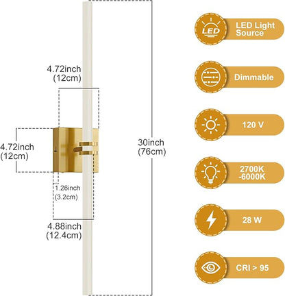 Gold Bathroom Light Fixture LED Vanity Light 30" 5CCT Wall Sconce | LED Dimmable Wall Light Modern 360° Lighting, 28W Hardwired Vanity Light for Bathroom Mirror, Flicker-Free Easy Install