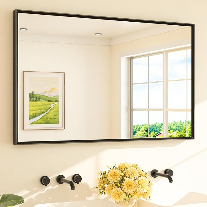 Black Bathroom Vanity Mirror Beveled Frame 48" x 30" Black Rectangle Metal Framed Bathroom Wall Mirror for Over Sink, Tempered Glass, Modern Farmhouse Bedroom, Entryway, Living Room