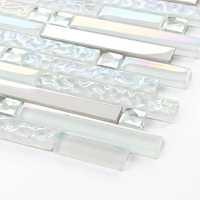 Glass Metal Tile Iridescent White Glass Silver Mirror Stainless Steel Blends Interlocking Strip Wall Tiles TSTNB01 (Pack of 5 Sheets)