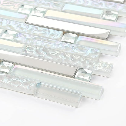 Glass Metal Tile Iridescent White Glass Silver Mirror Stainless Steel Blends Interlocking Strip Wall Tiles TSTNB01 (Pack of 5 Sheets)