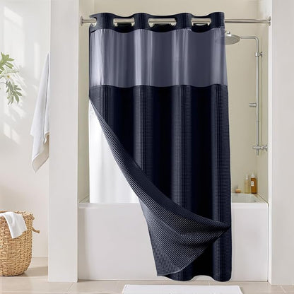 River Dream Cotton Blend Fabric Shower Curtain Set with Liner, Navy, 54x80 | Waffle Weave, No Hook Needed, with Snap in Replacement Liner, Top Sheer Window, Hotel Quality Fabric for Bathroom