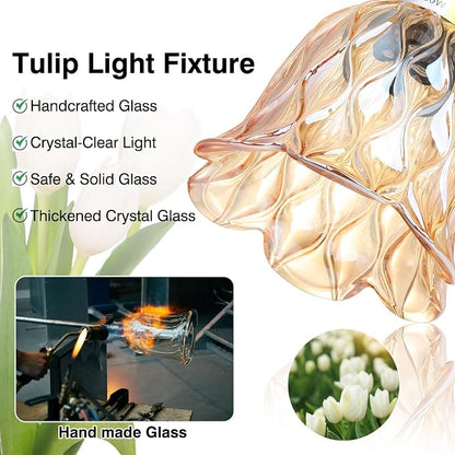 Vintage Wall Sconces Set of 2 - Hardwired Wall Lights with Amber Tulip Glass Shade,Brass Wall Lamps for Bathroom Bedroom Stairway Living Room Corridor(Bulbs Not Included,E26 Socket)