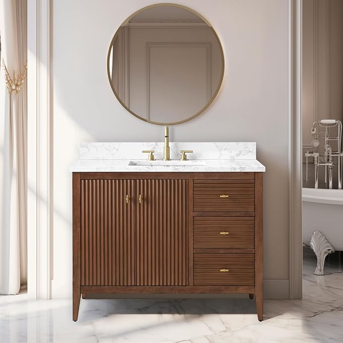 Vanity Art 42 inch Bathroom Vanity with Single Sink & Ceramic Top, Vanity Cabinet with Soft-Closing Door, Solid Wood Frame, Linear Pattern, Walnut, Golden Brushed Handware VA9142-Walnut-GB