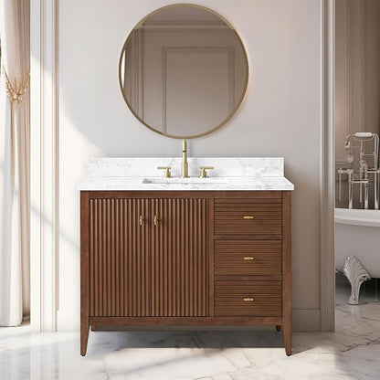 Vanity Art 42 inch Bathroom Vanity with Single Sink & Ceramic Top, Vanity Cabinet with Soft-Closing Door, Solid Wood Frame, Linear Pattern, Walnut, Golden Brushed Handware VA9142-Walnut-GB