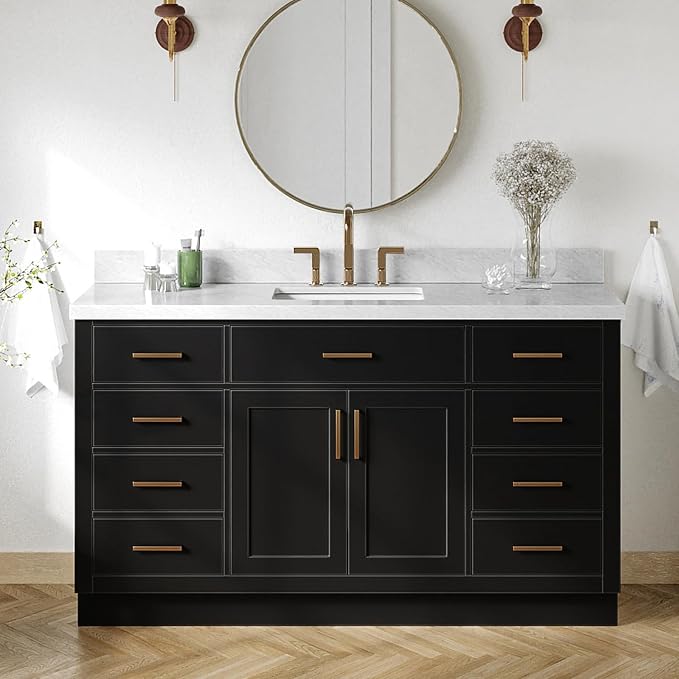 Isabella 60 Inch Bathroom Vanity Single Sink — Black Bathroom Vanity with Sink, 1.5" Edge Italian Carrara Marble Countertop, Solid Wood, 2 Soft-Close Doors, 8 Dovetail Drawers + Tilt Drawer